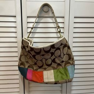 COACH Signature Shoulder Tote Handbag Jacquard Multicolor Band Rainbow Tan Brown